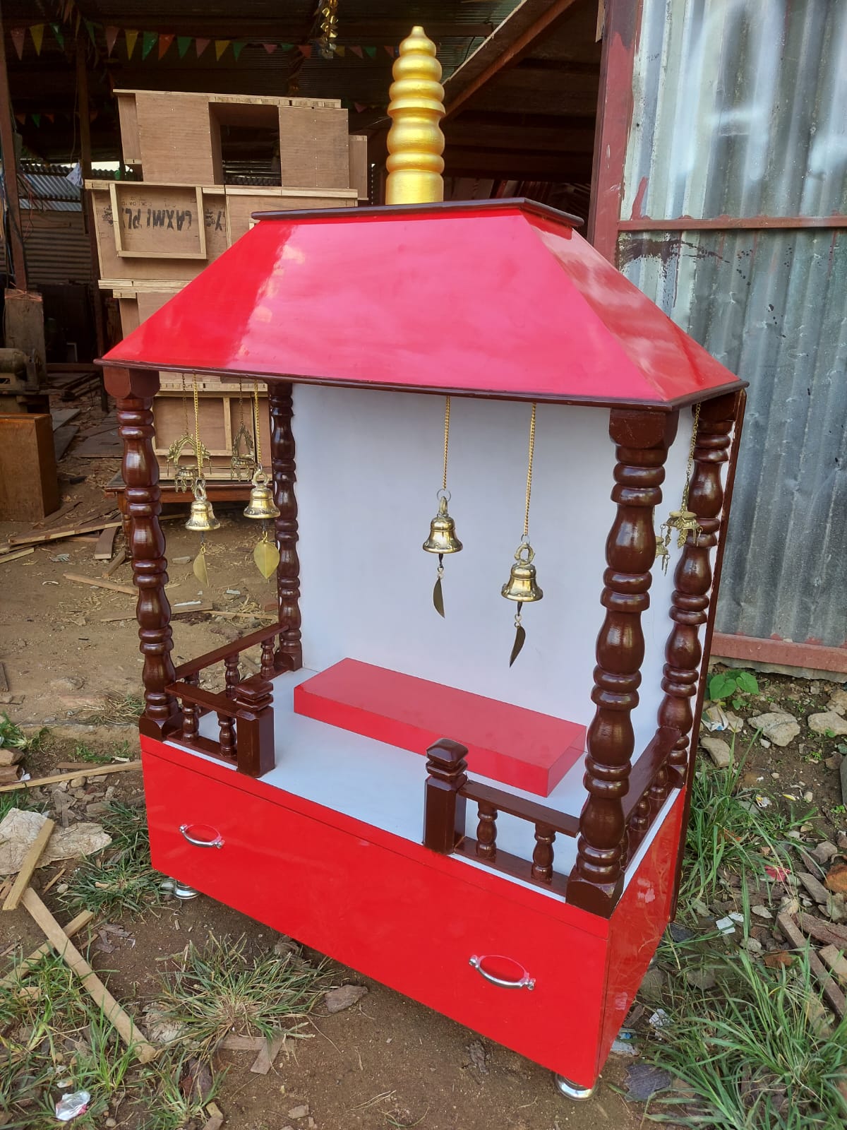 Wooden Pooja Temple Mandir For Home Office with Bells and LED Lights